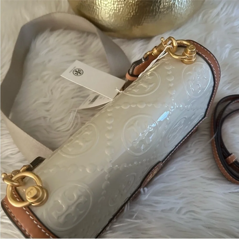 New Tory Burch T MONOGRAM PATENT EMBOSSED SMALL SHOULDER BAG